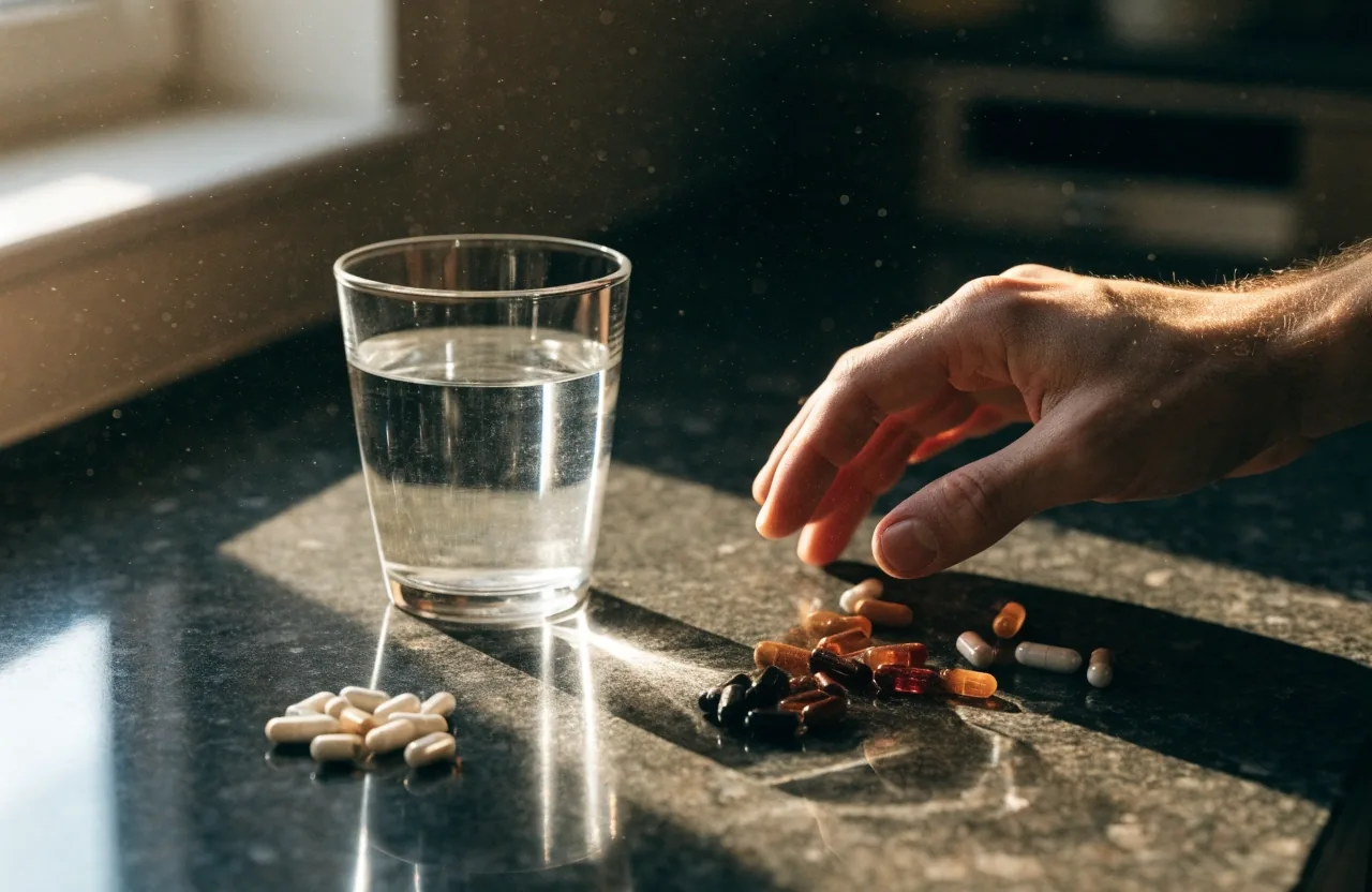 Capsule piles and a glass of water on a countertop in warm morning light