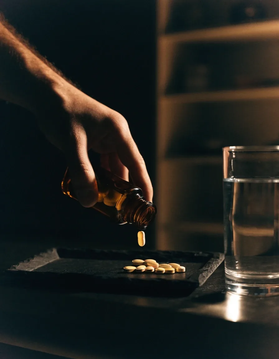 Glass of water and a small pile of unlabelled capsules on a dark kitchen counter at night