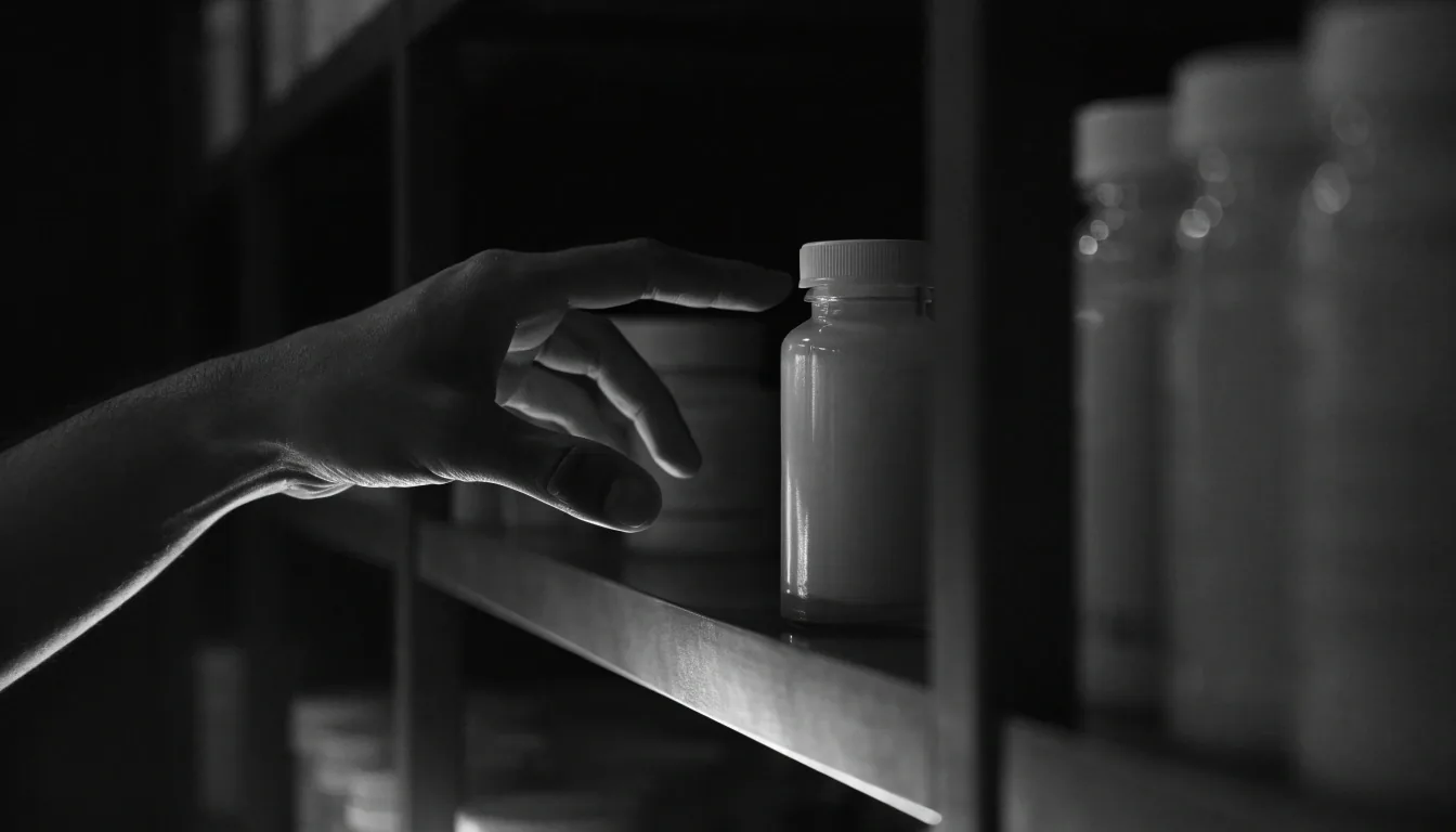 Hands lifting one bottle from a dimly lit shelf of unlabelled supplement bottles at night