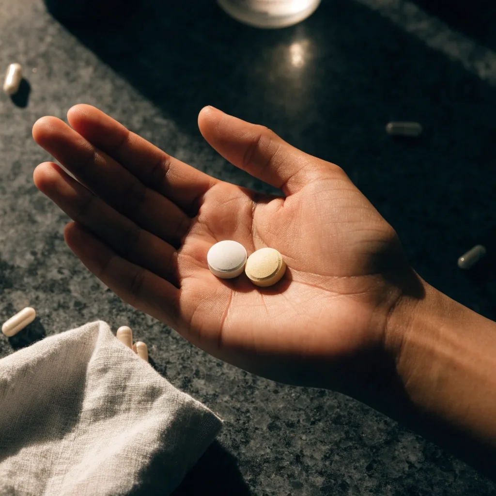 Small unlabelled capsule and folded cloth on a dark wooden counter under hard side light