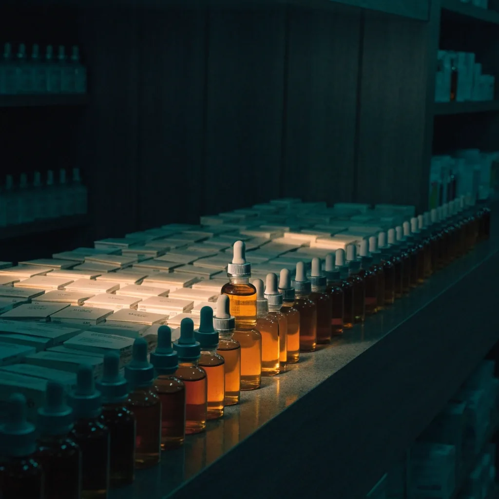 Night-lit pharmacy shelf lined with small supplement packs and bottles under a single warm raking light
