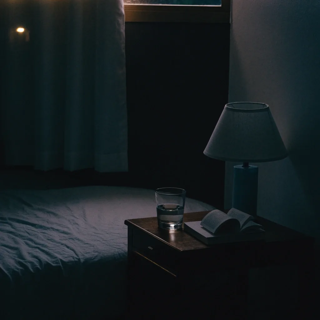 Bedside table at night with a water glass and lamp turned off, faint warm light at the curtain edge