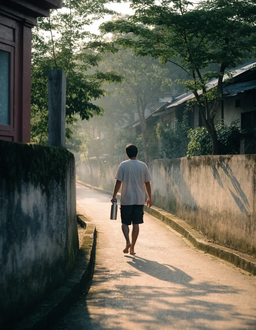 Man walking early morning on a residential Bandung street carrying a thermos