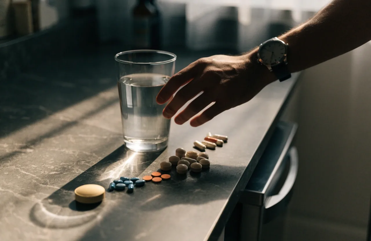 Capsules of different sizes laid out on a dark counter beside a glass of water as a hand reaches in