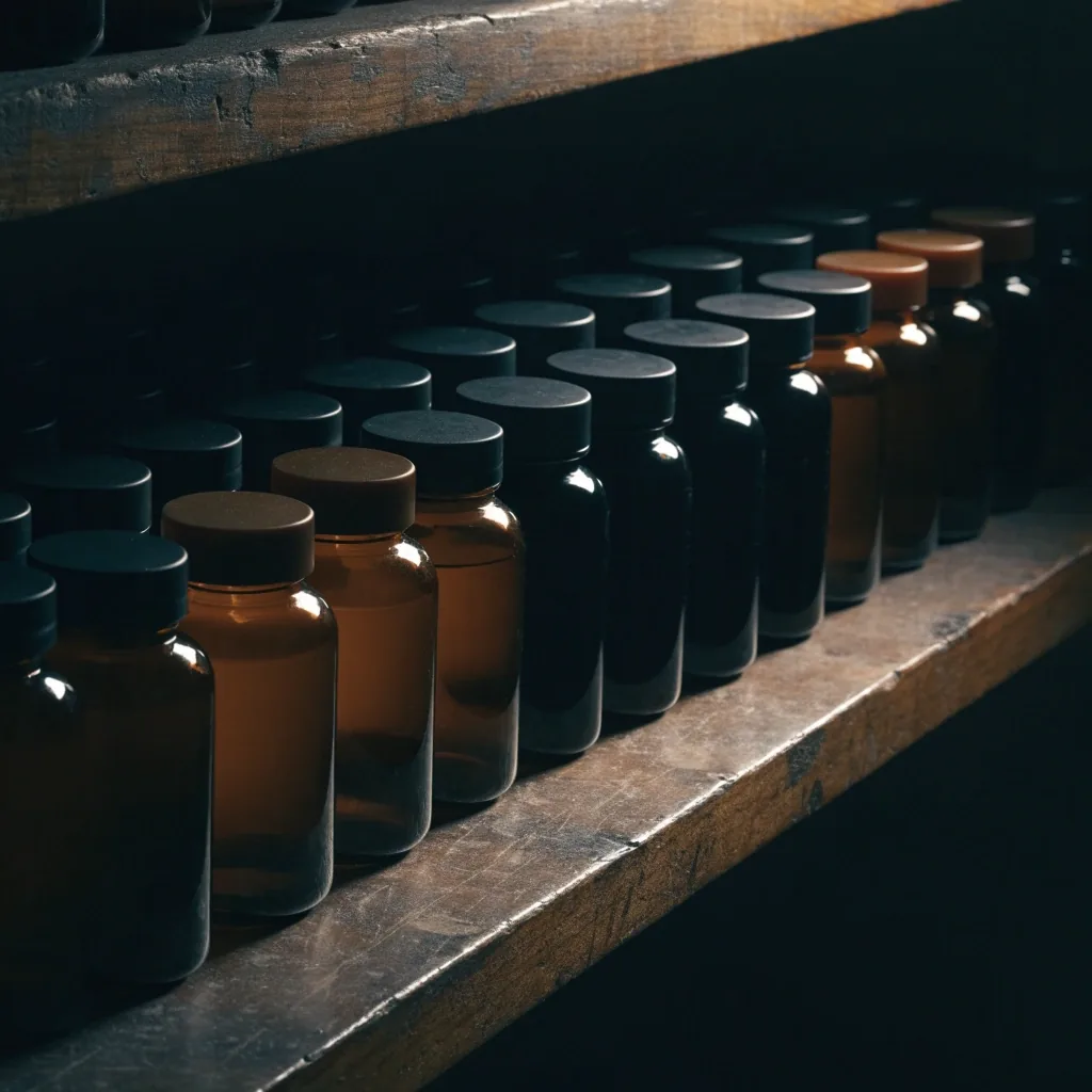 Supplement bottles arranged in a line on a dark shelf under low warm side light
