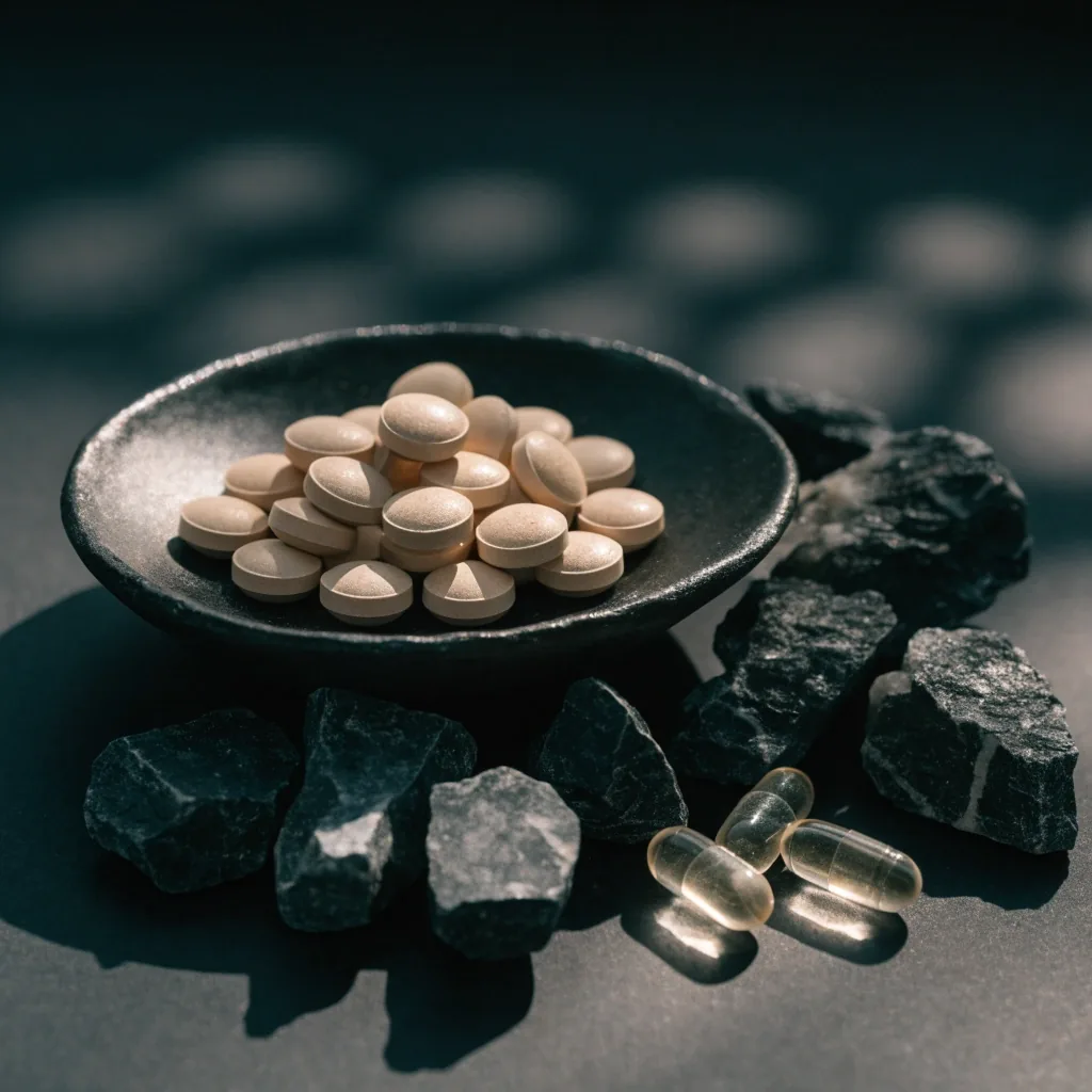 Loose mineral tablets and capsules on a dark board under a single raking light