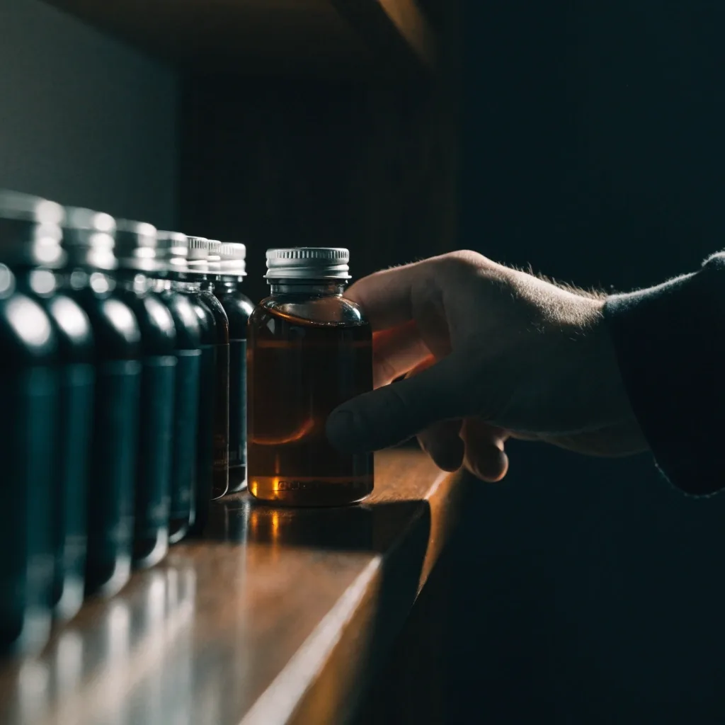 A shelf edge of supplement bottles at a steep angle, warm side light on the front row