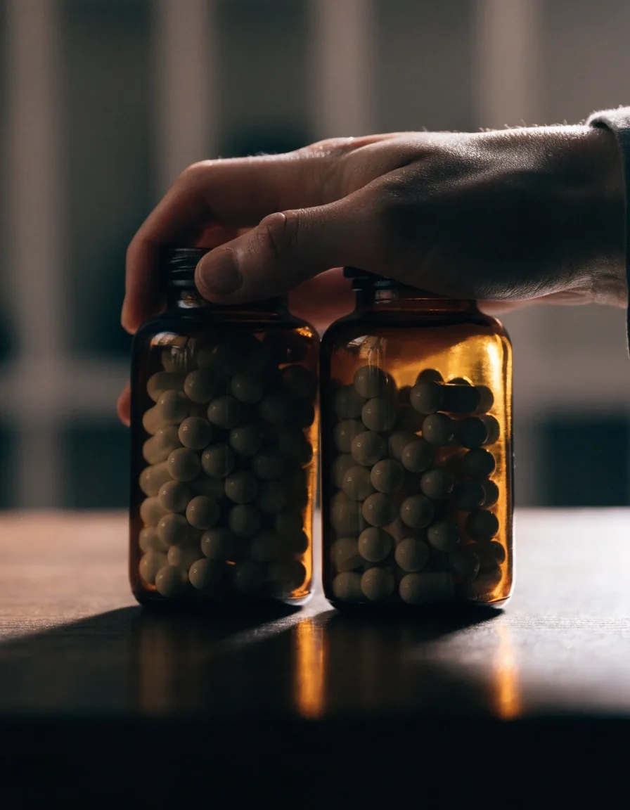Two unlabelled supplement bottles held side by side in a man's hands over a dark table