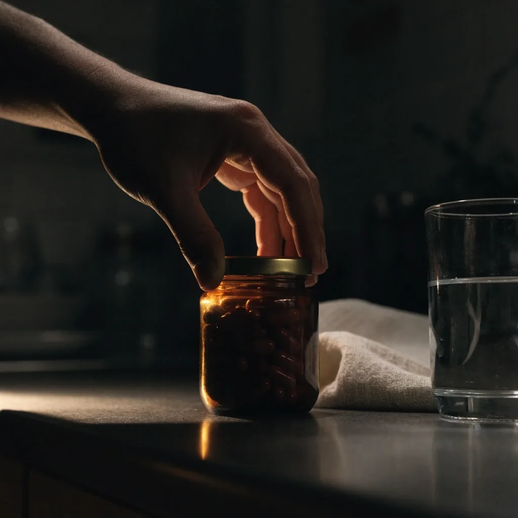 A hand closing a glass jar of capsules on a dark counter under warm side light