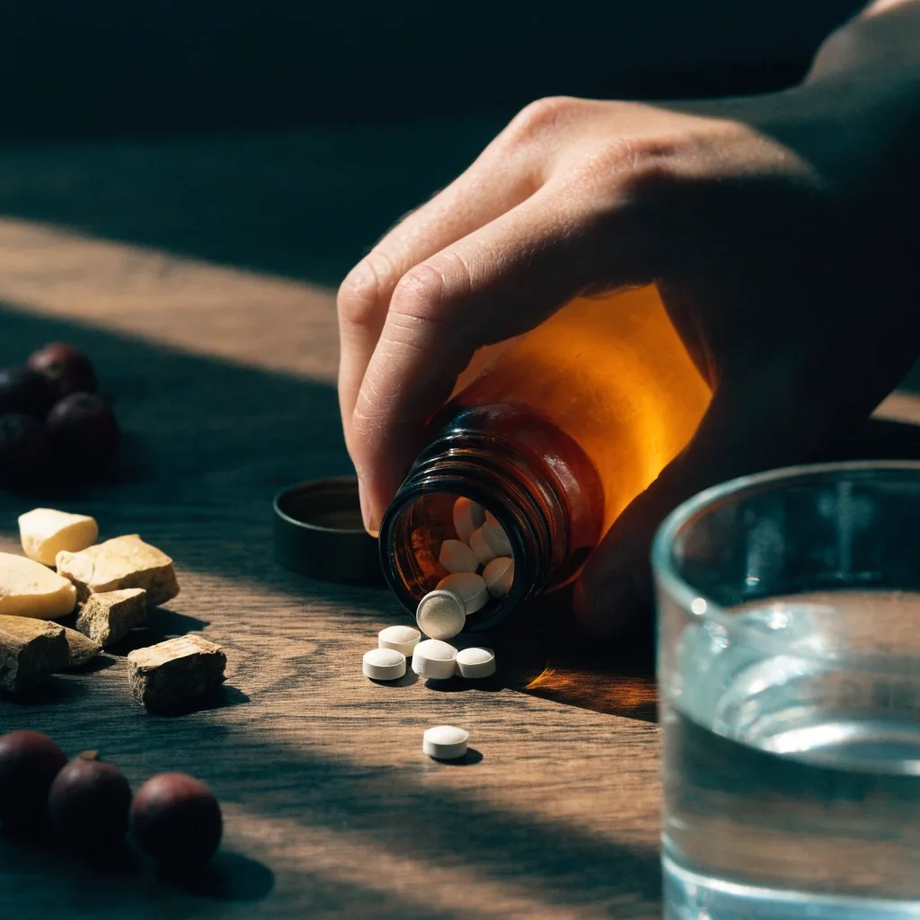 Capsule piles and a glass of water arranged across a countertop in warm side light