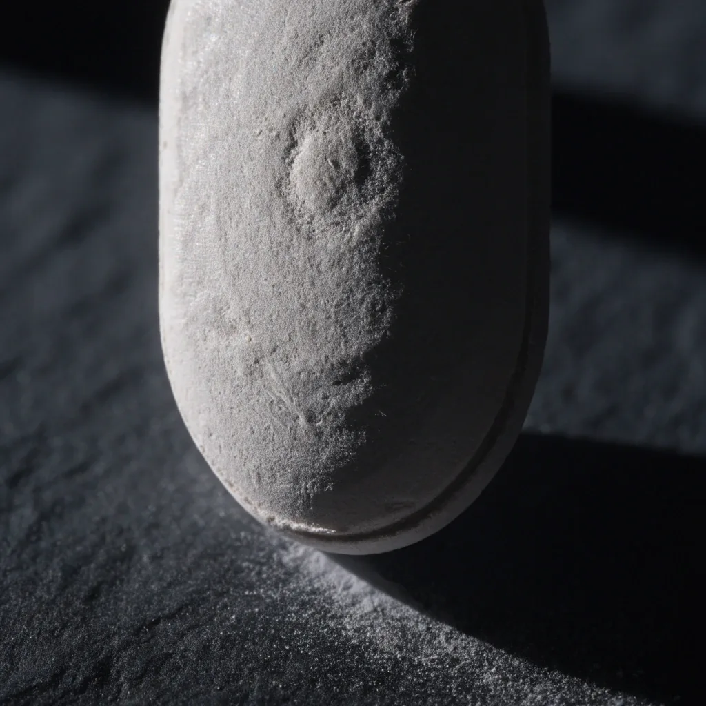 Macro view of a single matte tablet on a dark board under hard side light