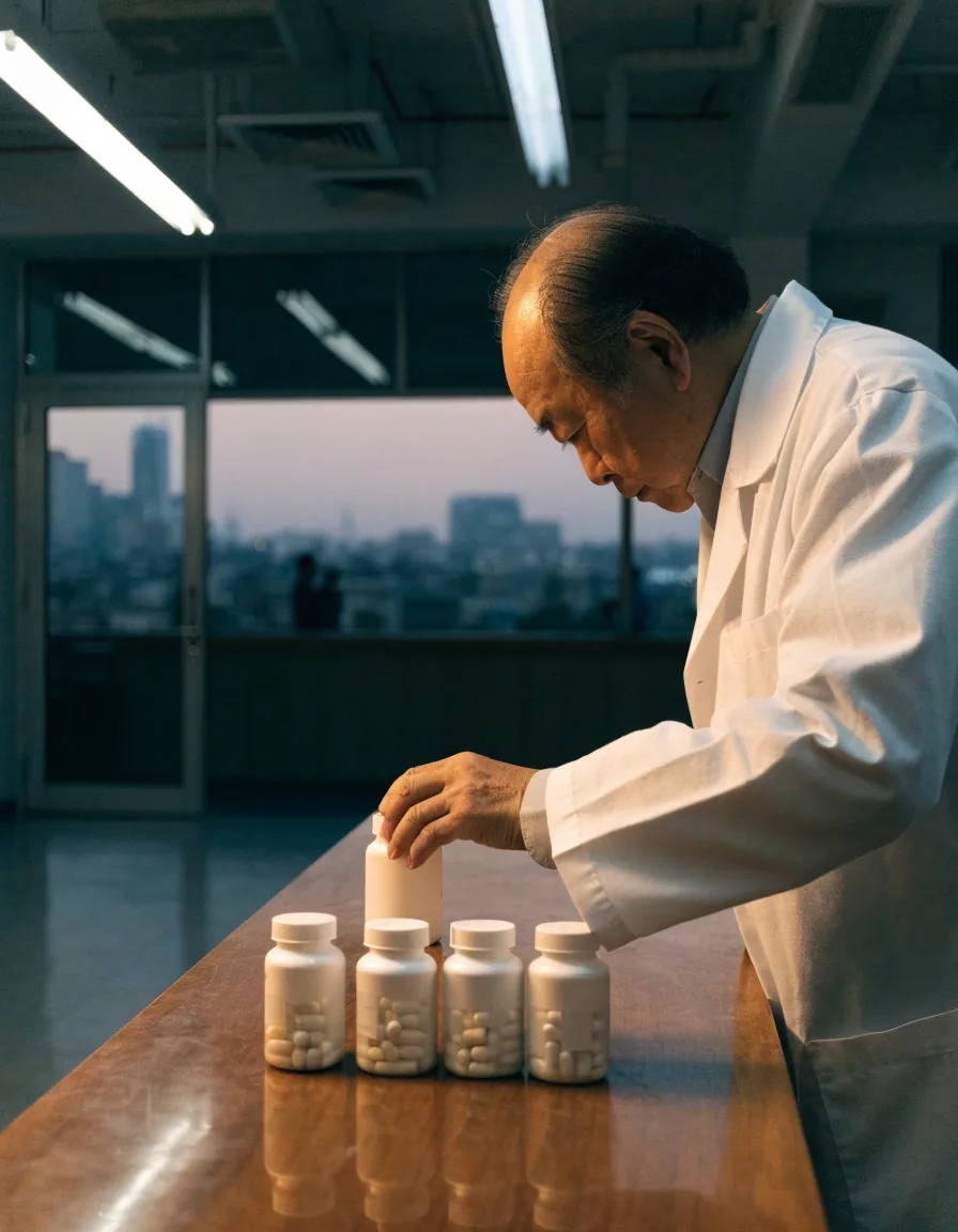 Plain unbranded bottles grouped on a pharmacy counter at dusk