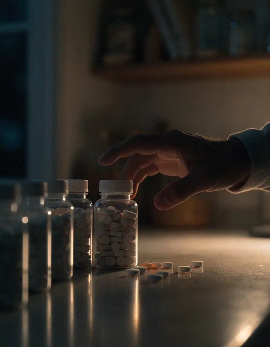 Unbranded supplement bottles lined up on a dark shelf under low warm light