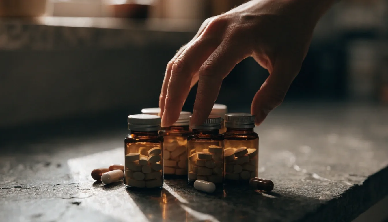 Supplement bottles arranged along a shelf in warm low light, one capsule resting at the shelf edge