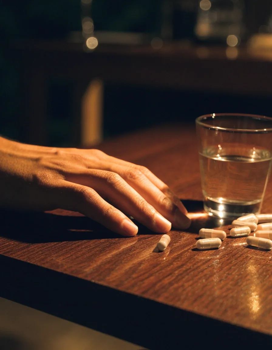 Water glass and loose capsules on a table at night, a hand resting beside them